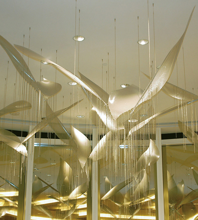 Aerial Echoes hospitality art suspended sculpture by Talley Fisher in the Sands Hotel.