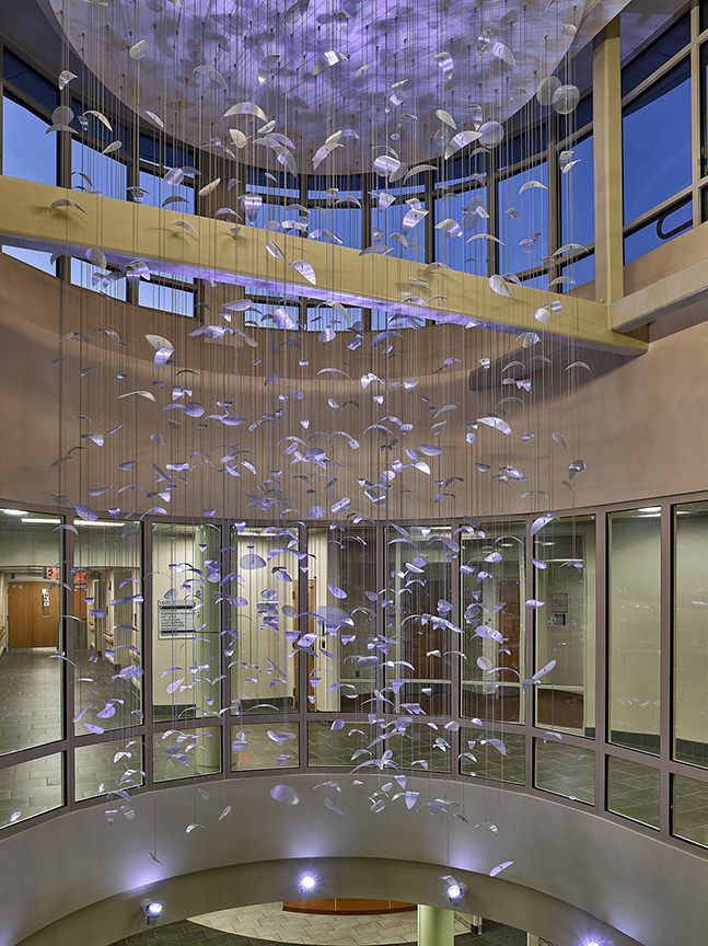 Constellation II suspended sculpture by Talley Fisher in a rotunda in Mount Nittany Medical Center.