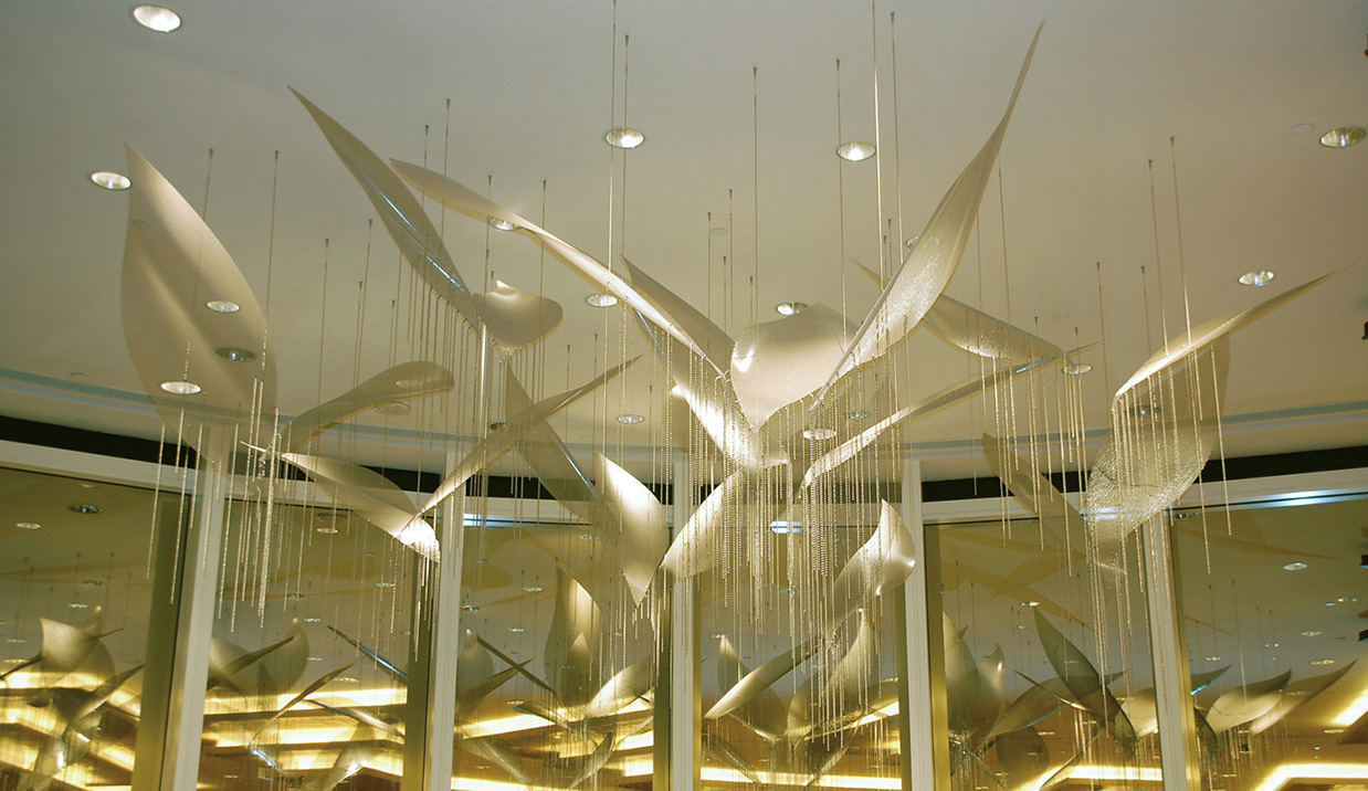 Aerial Echoes hospitality art suspended sculpture by Talley Fisher in the Sands Hotel.