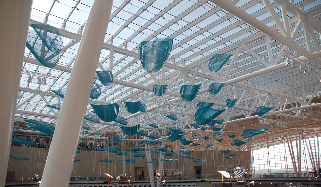 JetStream suspended sculpture by Talley and Rob Fisher in the Civic Plaza of Indianapolis International Airport