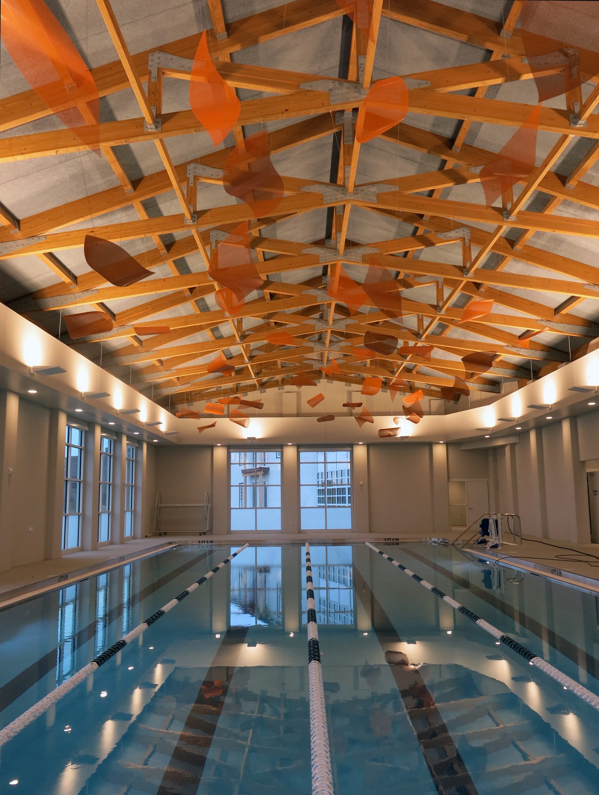 Suspended healthcare art sculpture by Talley Fisher in the indoor pool of Aurora Health and Wellness Center.