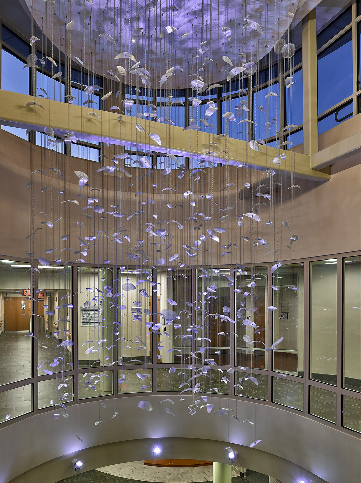 Constellation II suspended sculpture by Talley Fisher in a rotunda in Mount Nittany Medical Center.