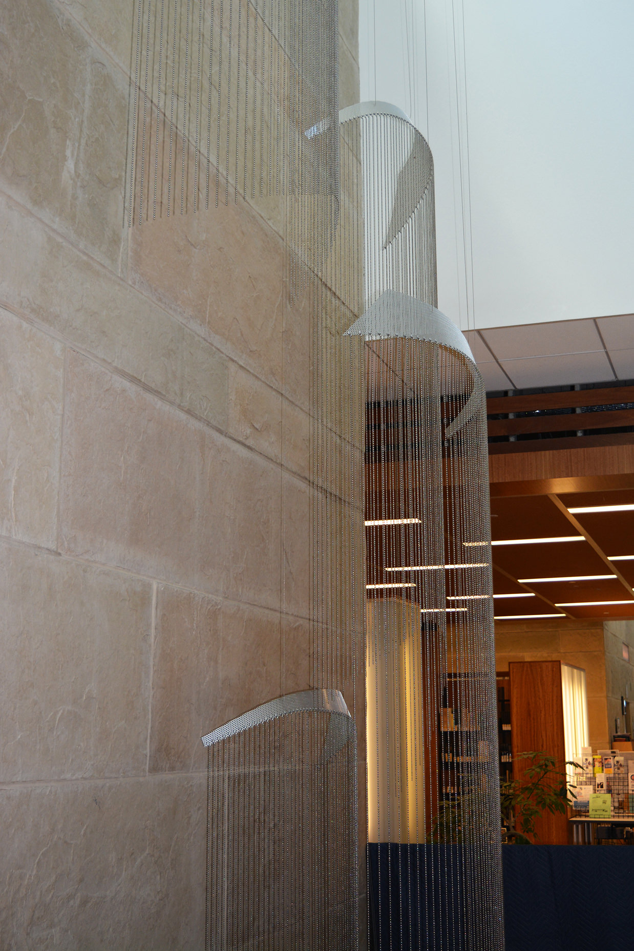 Soft Rains suspended sculpture by Talley Fisher at Mount Prospect Public Library